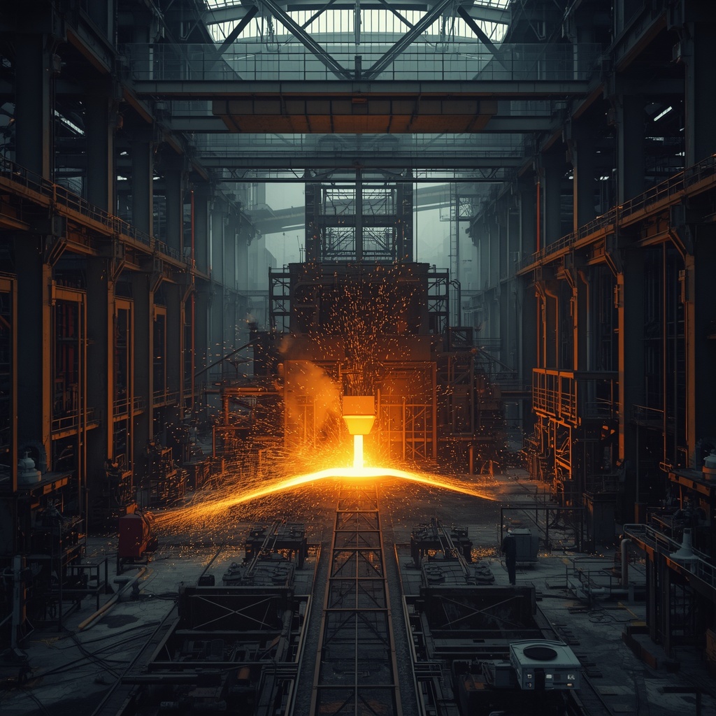 Cinematic interior shot of a massive steel manufacturing plant, molten metal glowing intense orange, sparks flying, industrial pipes, structural steel beams, steam and atmosphere, high detail, professional industrial photography, 8k.